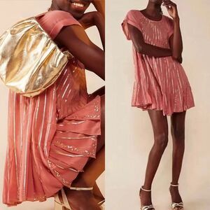 NWT Free People Mint Julep Pink Coral Sequin Sleeved Mini Dress